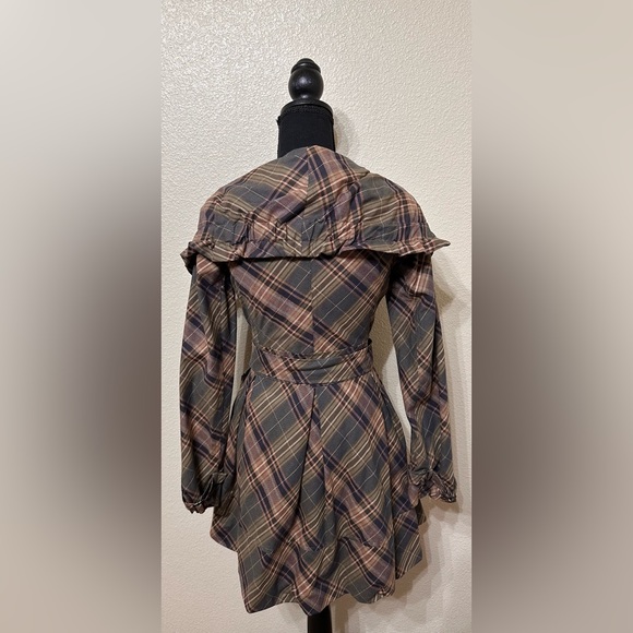 Anthropologie (Black Rivet) Plaid Trench Coat in Green, Brown, and Tan Size 0 - Picture 2 of 9